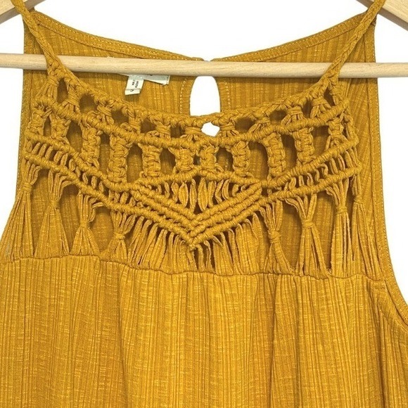Mustard Yellow Boho Tank Top Crochet Macrame Neck Sleeveless Womens S Blouse - Picture 3 of 9